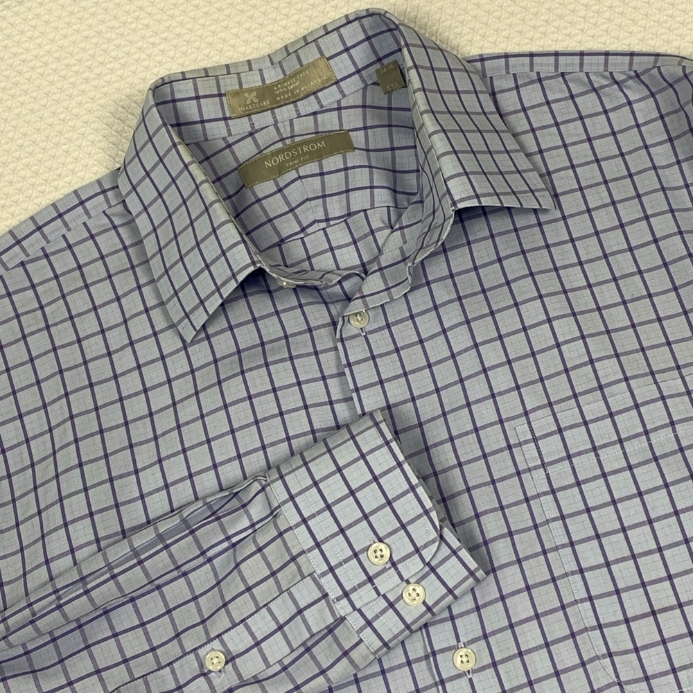Nordstrom Mens Dress Shirt 34/35 Purple Check Trim Fit Button Down Cotton